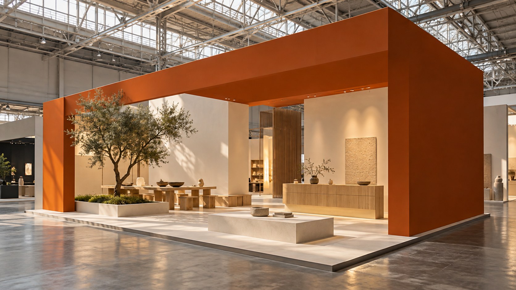 Stand con un portale arancione, pareti chiare e arredi in legno