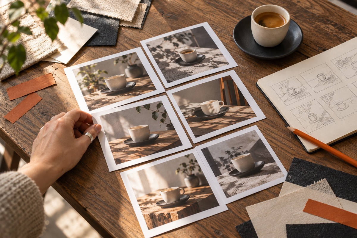 Scelta della direzione visiva con fotografie stampate, storyboard e campioni di materiali.